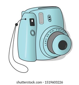 Teal, vintage instant camera vector illustration, front view with 45 degree movement. Icon for websites or mobile applications. Flash and lens visible.