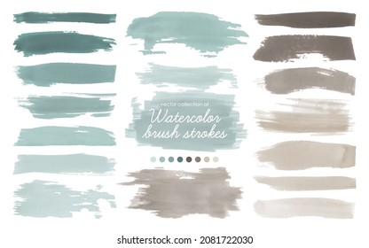 Teal Water Strokes. Trace of Isolated Ink Paint Shapes. Grunge Smears Texture. Blue Watercolor Brush strokes Element. Vector Graphic Splatter. Hand Drawn Frame. Brown Brushstrokes Set.