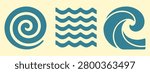 Teal wave and swirl patterns on pale yellow background with ocean inspired designs, including spiral waves and wavy lines in a stylized illustration