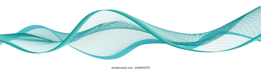 Teal wave swirl swoosh; sea water color flow; dynamic undulate movement. Isolated design element; banner background; twisted curve lines; blue and green wavy border. Vector illustration