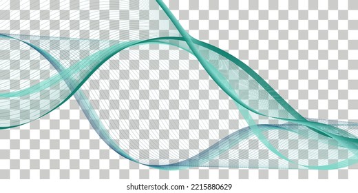 Teal wave swirl swoosh; undulate transparent curve lines; dynamic flowing sea water; soundwave movement. Soundwave banner design; border isolated; vector illustration