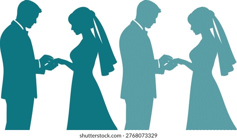 Teal wedding couples exchanging vows in profile silhouettes