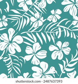 teal and white hawaiian floral pattern with flowers and tropical leaves