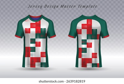 Teal and white jersey with red and green geometric mosaic pattern, perfect for soccer kits, esports uniforms, or tournament branding. Bold vector template with contrast trim accents.