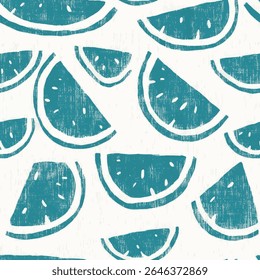 Teal e branco linocut de fatias de melancia, em tecido de linho padrão de impressão, algodão, seda, ilustração vetorial, verão de doodle, crianças e desenhos de bebê para tecido impresso.