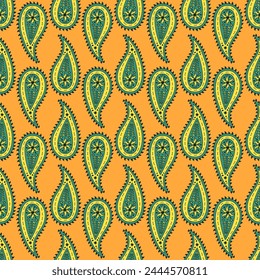 Teal and yellow seamless pattern with Paisley motifs. Traditional indian repeat design.