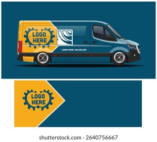 Teal and yellow van mockup with customizable logo space, perfect for branding and advertising purposes.