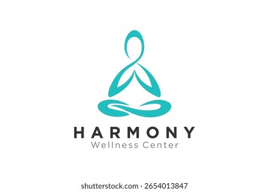 Teal yoga logo for Harmony Wellness Center logo design. Peaceful and serene. Vector illustration.