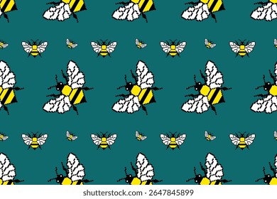 Azul-petróleo,Padrão de abelha sem emenda de pixel amarelo da abelha,Padrão de pixel sem emenda encantador com mamangabas em um fundo azul-marinho. Ideal para tecidos infantis, vestuário moderno e design digital.