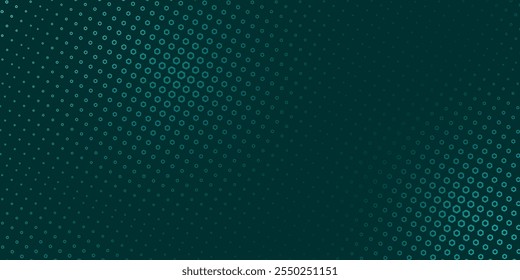 Um padrão hexagonal pontilhado de cor azul-petróleo sobre um fundo verde-escuro, evocando um olhar futurista e inspirado na tecnologia. Adequado para web design moderno, IU, ou fundos com uma borda digital elegante. Copiar espaço