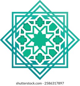 A teal-colored Islamic geometric design representing Islamic art and Ramadan spirituality.