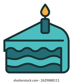 A teal-colored slice of layered cake, topped with a single lit candle.