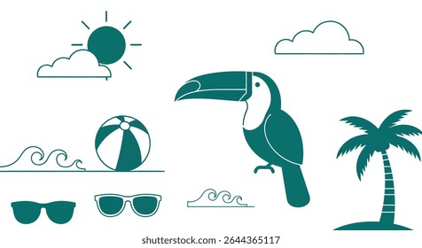 Teal-colored toucan, beach ball, palm tree, sun, clouds, waves, and sunglasses in a stylized, minimalist design.
