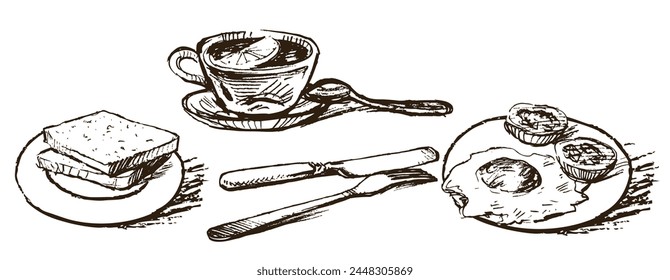 Tea,lemon,knife,crokery, fork, fried eggs, tomatoes,teacup,bread,breakfast,dishes, pastry,fresh,sketch,hand drawn,illustration,contour drawing, teaspoon,outline,cafe,vector,sliced bread,hot,drink