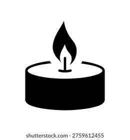 tealight candle vector icon, flame, light, spa, relaxation symbol, black illustration
