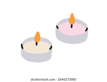 Tealight candles, fire burning in small round metal holders. Warm flame, cozy glow, tea light decoration. Wax decor, interior candlelight. Flat vector illustration isolated on white background