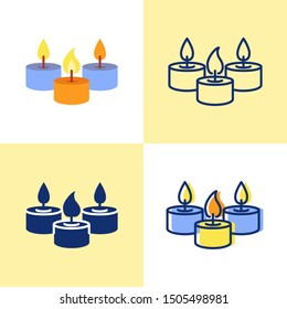 Tealight candles icon set in flat and line style. Bright light source with burning flame. Home interior decor. Vector illustration.