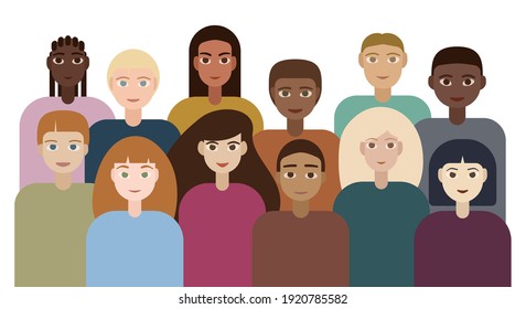 Team of 12 multiethnic people standing together. Group of different persons flat illustration. Friends together