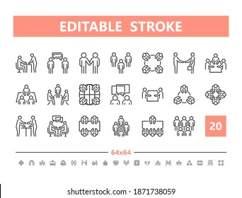 Team 20 line icons. Vector illustration in line style. Editable Stroke, 64x64, 256x256, Pixel Perfect.
