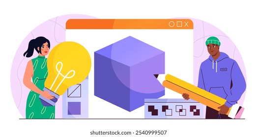 Team of 3d designers. Woman with light bulb and man with pencil draw huge cube. Freelancers and remote workers. Editors and graphic designers. Flat vector illustration isolated on white background