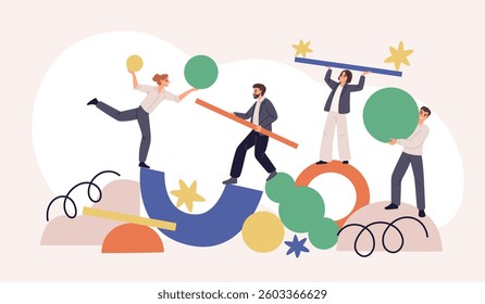 Team abstract geometric shapes. People group balancing on abstract figures, trying find stability, creativity process, partnership colleague cartoon flat isolated garish vector concept