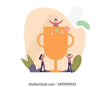 team achievement concept. Cool vector concept on prize winning with casually clothed group of people, golden cup and confetti. Group of people jumping and cheering happily holding trophy
