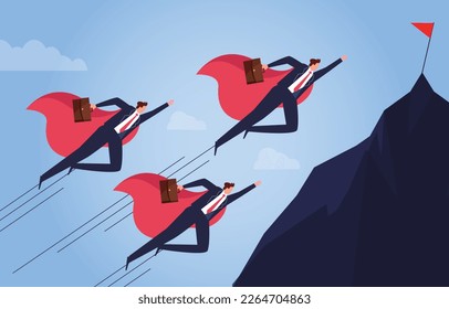 Team achievement and goals, teamwork to complete the challenge and fly to the goal, super team cloaked in cape together to fly to the top of the mountain flag