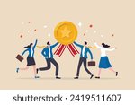 Team achievement, high quality employees, teamwork to help success together, best quality service reward, high performance staffs concept, business people celebrate high quality badge achievement.