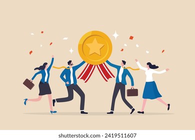 Team achievement, high quality employees, teamwork to help success together, best quality service reward, high performance staffs concept, business people celebrate high quality badge achievement.