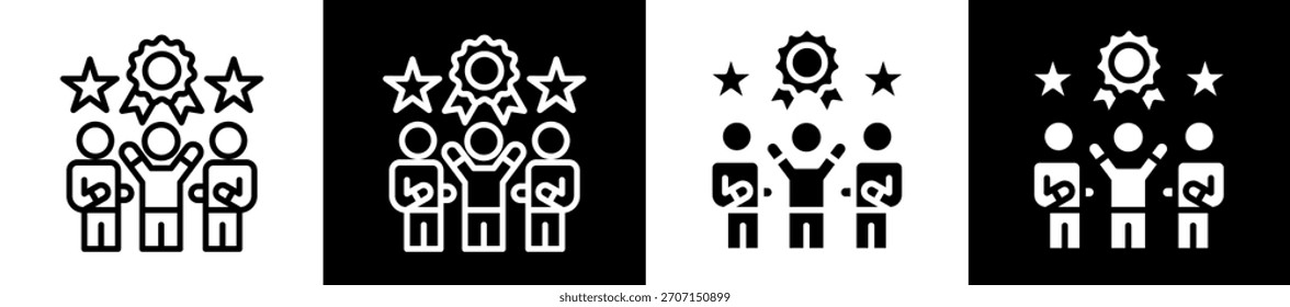 Conjunto de iconos de logros de Equipo en Colección de estilo relleno en blanco y negro