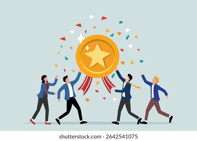 Team achievement, quality employees, teamwork to help common success, best quality service award, high performance staff concept, businesspeople celebrate high quality badge achievement.