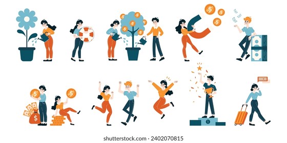 Team Achievement set. Collaborative financial strategies and success celebrations. People nurturing ideas, securing deals, and enjoying profits. Flat vector illustration.