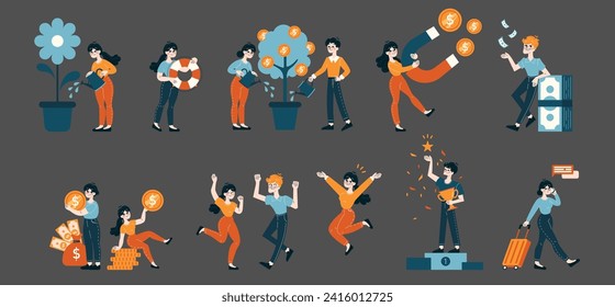 Team Achievement set. Collaborative financial strategies and success celebrations. People nurturing ideas, securing deals, and enjoying profits. Flat vector illustration.