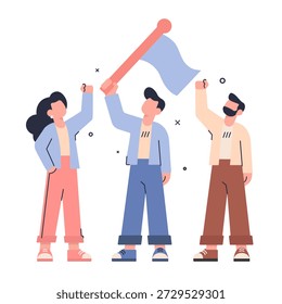 Equipo de logros y éxito. Ilustración vectorial plana de un equipo celebrando un hito alzando una bandera juntos.