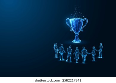 Team achievement, success, and leadership futuristic concept with group of people standing together, looking at glowing trophy on dark blue background. Abstract wireframe design vector illustration