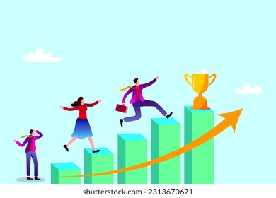 team achievement or teamwork to achieve target, Growth to success, career development or business strategy to win or victory, growing business concept, business people running up graph to trophy.