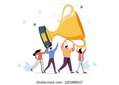 Team achievement, teamwork collaborate work together to achieve business goal, winning award or success, partnership or cooperate concept, business team people celebrate help carry big winner trophy.