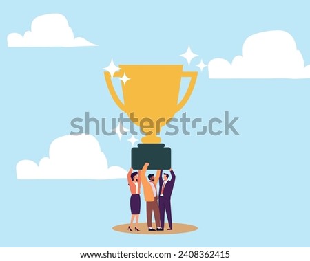 Team achievement, teamwork collaborate work together to achieve business goal, winning award or success, partnership or cooperate concept
