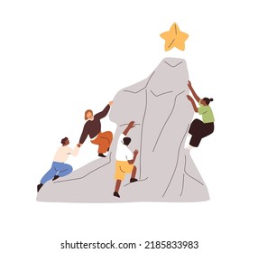 Team achieving corporate goal. Business, career challenge concept. People climbing up to peak of mountain to aim, success, star. Teamwork. Flat vector illustration isolated on white background