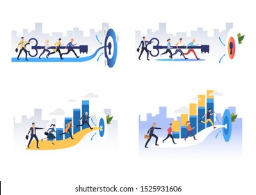 Team achieving goals illustration set. People inserting key to lock together, running to target. Business success concept. Vector illustration for posters, presentations, landing pages