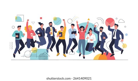Team Achieving Success Through Collaborative Effort Joyful Group Jumping Together Celebrating Victory