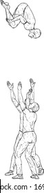 A team of acrobats throwing and flipping their teammate in the air. Hand drawn vector illustration.