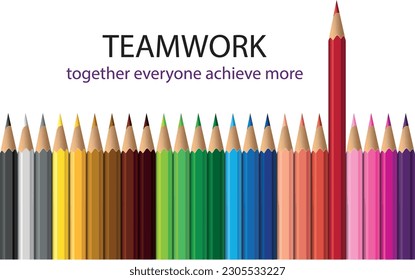 Team acronym and colored pencil on white background with work Together, Everyone, Achieves and More.Creative leader concept
