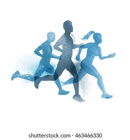 A team of active runners. Watercolour vector illustration.