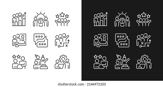 Team activity pixel perfect linear icons set for dark, light mode. Cooperation and teamwork to work on project. Thin line symbols for night, day theme. Isolated illustrations. Editable stroke