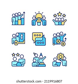 Team activity pixel perfect RGB color icons set. Cooperation and teamwork to work on project. Isolated vector illustrations. Simple filled line drawings collection. Editable stroke