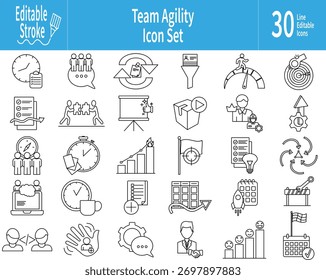 Iconos de la línea de agilidad de Equipo que ofrecen un trabajo en equipo ágil, planificación, liderazgo y conceptos de mejora del rendimiento en el diseño editable de trazo.
