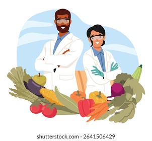 Team of agricultural scientist in lab uniform posing surrounded by natural organic vegetables and greenery harvest vector illustration. Growing, cultivation and studying plants in laboratory
