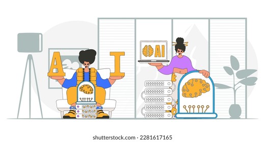 Team of AI Male and Female, realistically depicted in modern style, as a vector illustration.