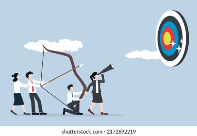 Team aiming to reach business goal, colleagues planning or strategy for project or mission, collaboration and teamwork concept. Businessperson teammates helping to aim big arrow to target.